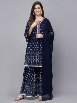 Stylum - Womens Printed Rayon Short Kurta with Sharara & Dupatta Navy Blue (Set of 3)