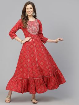 Stylum - Womens Bandhani Printed & Embroidered Rayon Anarkali Kurta Red