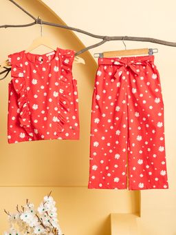 Purple United Kids - Girls Red Floral Print Co-Ord (Set of 2)