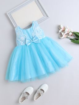 The Magic Wand - Blue Sleeveless Net Floral Embroidered with Bow Dress