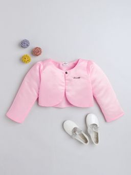 The Magic Wand - Baby Pink Satin Full Sleeve Solid Bolero Shrug with Brooch