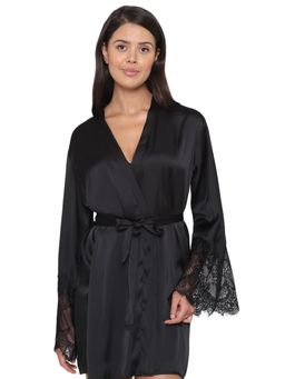 Wacoal - Lacy Sleeves Knee Length Shiny Finish Wrap-Over Bridal Satin Robe-Black (Set of 2)