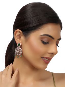 Accessher - Rose Gold Plated American Diamond Studded Drop Earrings with Emerald Green Stones