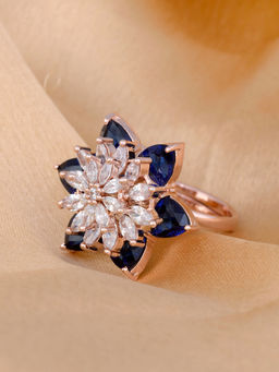 Saraf RS Jewellery - Rose Gold Plated Blue American Diamond Studded Handcrafted Finger Ring