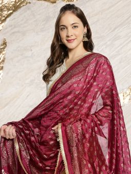 Dupatta Bazaar - Women's Gold Printed Wine Silk Dupatta