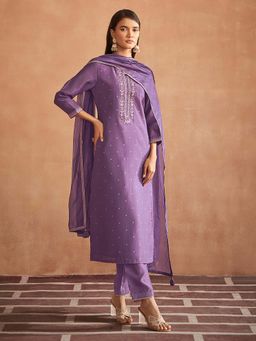 Janasya - Women Purple Viscose Embroidered Straight Kurta with Pant & Dupatta (Set of 3)