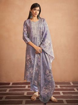 Janasya - Women Grey Viscose Floral Embroidered Straight Kurta with Pant & Dupatta (Set of 3)