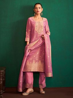 Janasya - Women Pink Tissue Silk Jacquard Straight Kurta with Pant & Dupatta (Set of 3)