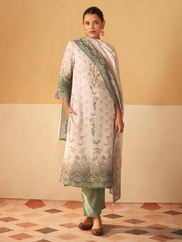 Janasya - Women Cream Viscose Floral Embroidered Straight Kurta with Pant & Dupatta (Set of 3)