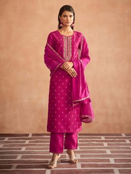 Janasya - Women Pink Viscose Embroidered Straight Kurta with Pant & Dupatta (Set of 3)