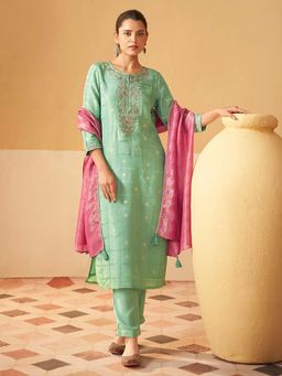 Janasya - Women Light Green Tissue Silk Brocade Embroidered Kurta with Pant & Dupatta (Set of 3)