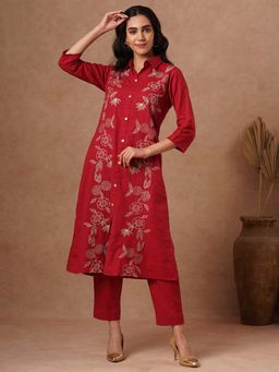 FASHOR - Floral Embroidered A-Line Pink Kurta with Pant (Set of 2)
