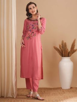 FASHOR - Floral H& Embroidered & Painted Straight Fit Pink Kurta with Pant (Set of 2)