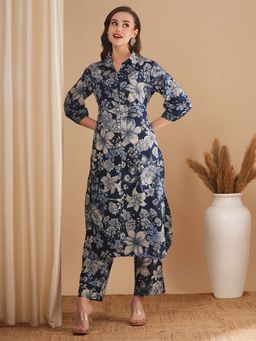 FASHOR - Floral Foil Printed Straight Fit Navy Blue Kurta with Pant (Set of 2)