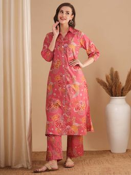 FASHOR - Floral Foil Printed Straight Fit Pink Kurta with Pant (Set of 2)