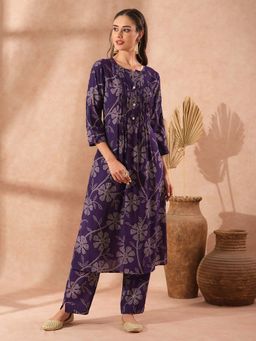 FASHOR - Ethnic Bandhani Printed A-Line Purple Kurta with Pant (Set of 2)