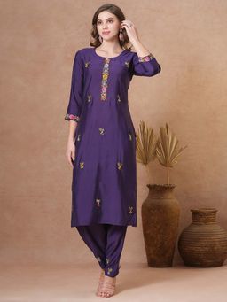 FASHOR - Floral Embroidered Straight Fit Purple Kurta with Pant (Set of 2)