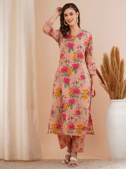 FASHOR - Floral Printed Straight Fit Peach Kurta with Pant (Set of 2)