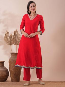 FASHOR - Solid Ethnic Embroidered Straight Fit Red Kurta with Pant (Set of 2)