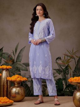 ADA - Ethnic Motifs Hand Embroidered Chikankari Purple Cotton Kurta with Pant (Set of 2)