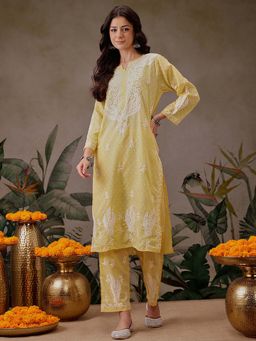 ADA - Ethnic Motifs Hand Embroidered Chikankari Yellow Cotton Kurta with Pant (Set of 2)