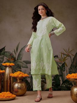 ADA - Ethnic Motifs Hand Embroidered Chikankari Liril Green Cotton Kurta with Pant (Set of 2)