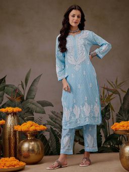ADA - Ethnic Motifs Hand Embroidered Chikankari Blue Cotton Kurta with Pant (Set of 2)