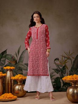ADA - Ethnic Motifs Hand Embroidered Chikankari Red Georgette Kurta with Palazzo (Set of 2)