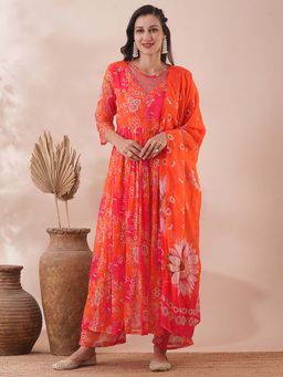 FASHOR - Floral Printed A-Line Pleated Red Kurta with Palazzo & Dupatta (Set of 3)