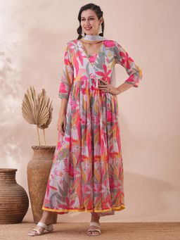 FASHOR - Floral Printed A-Line Pleated Grey Kurta with Palazzo & Dupatta (Set of 3)