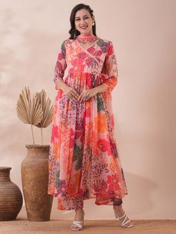 FASHOR - Floral Printed A-Line Pleated Peach Kurta with Palazzo & Dupatta (Set of 3)