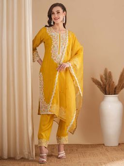 FASHOR - Floral Embroidered Straight Fit Yellow Kurta with Pant & Dupatta (Set of 3)