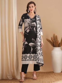 FASHOR - Floral Printed Straight Fit Black Kurta with Pant & Dupatta (Set of 3)