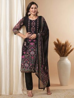 FASHOR - Floral Printed and Embroidered Straight Black Kurta with Pant & Dupatta (Set of 3)