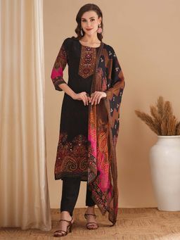 FASHOR - Ethnic Printed and Embroidered Straight Black Kurta with Pant & Dupatta (Set of 3)