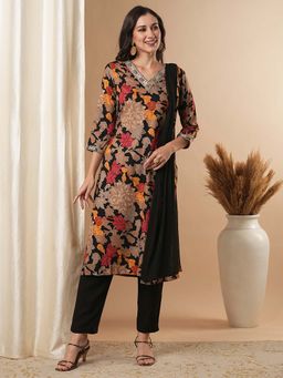 FASHOR - Floral Embroidered Straight Fit Black Kurta with Pant & Dupatta (Set of 3)
