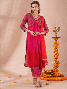 FASHOR - Floral Printed and Dyed A-Line Pleated Red Kurta with Pant & Dupatta (Set of 3)