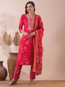 FASHOR - Floral Printed and Embroidered Straight Pink Kurta with Pant & Dupatta (Set of 3)