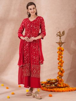 FASHOR - Zari Floral Embroidered Straight Fit Red Kurta with Palazzo & Dupatta (Set of 3)