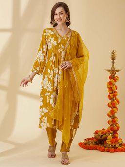 FASHOR - Floral Printed A-Line Pin Tucked Mustard Kurta with Pant & Dupatta (Set of 3)