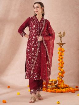 FASHOR - Floral Sequin and Embroidered Maroon Kurta with Pant & Dupatta (Set of 3)