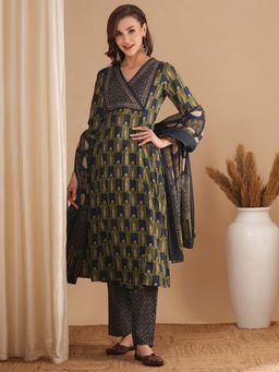 FASHOR - Printed and Mirror Work A-Line Panelled Green Kurta with Pant & Dupatta (Set of 3)