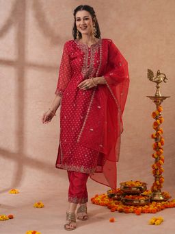 FASHOR - Bandhani Printed and Embroidered Straight Red Kurta with Pant & Dupatta (Set of 3)