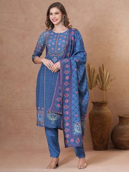 FASHOR - Ethnic Floral Printed Straight Blue Kurta with Pant & Dupatta (Set of 3)