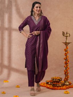 FASHOR - Ethnic Floral Printed and Embroidered Purple Kurta with Pant & Dupatta (Set of 3)