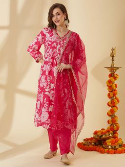 FASHOR - Floral Printed A-Line Pin Tucked Pink Kurta with Pant & Dupatta (Set of 3)