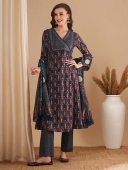 FASHOR - Printed and Mirror Work A-Line Panelled Blue Kurta with Pant & Dupatta (Set of 3)