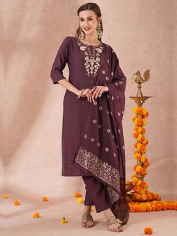 FASHOR - Hand Embroidered & Sequined Straight Wine Kurta with Pant & Dupatta (Set of 3)