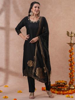FASHOR - Hand Embroidered Straight Fit Black Kurta with Pant & Dupatta (Set of 3)