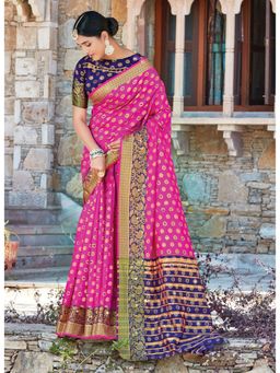 Sangam Prints - Navy Blue Handloom Silk Woven Traditional Saree with Unstitched Blouse